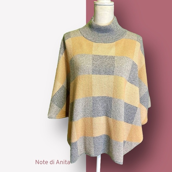 NWT Note di Anita Women's Gray and Tan Checkered Wool Blend Sweater Cape OS - Picture 2 of 12